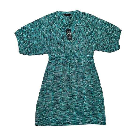 Vertigo Paris boho knit sweater dress M green marled V-neck batwing drawstring - Picture 9 of 16